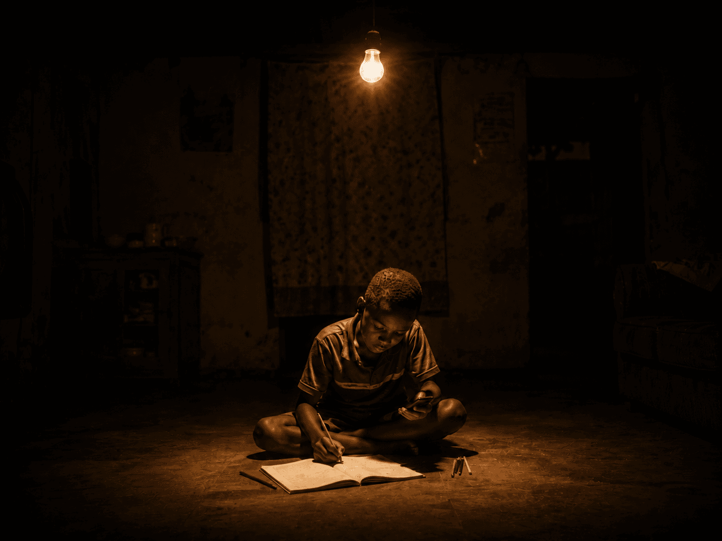 Child studying by lamplight, phone in hand