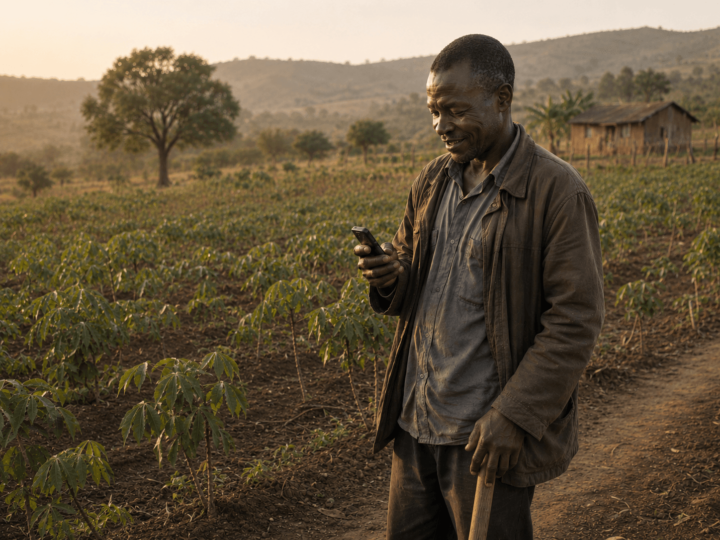 A farmer with a phone in a field at dawn