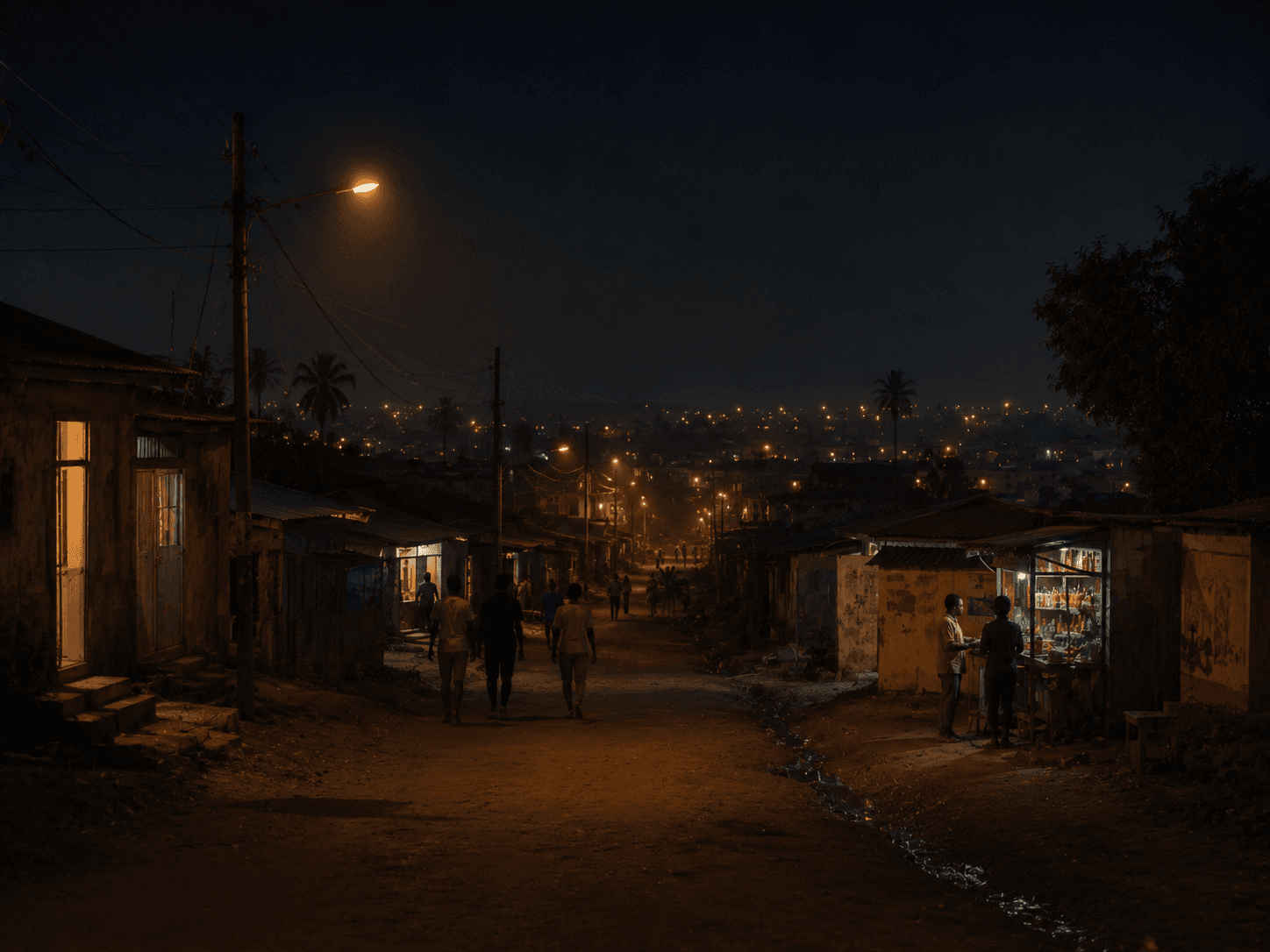 A dusk village street with a streetlight