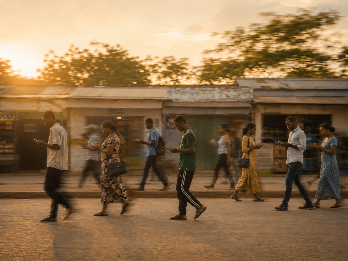 People on their phones on a busy dusk street